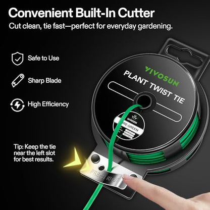 VIVOSUN Twist Ties, 164 ft (50m) PE-Coated Green Plant Ties with Cutter, Reusable & Flexible Tomate Ties for Plant Support, Indoor Outdoor Gardening, Cable Management, Home Office Organization | Reusable & Flexible Tomate Ties for Plant Support, Indoor Ou