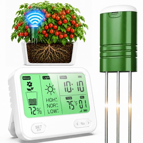 Soil Moisture Meter for Plants,4-in-1 Wireless Soil Tester,Soil Thermometer/Moisture/Sunlight Time,Large Screen,Indoor/Outdoor Plant Water Meter,Garden Soil Test Kit for Lawn,Farm,Houseplants（White）