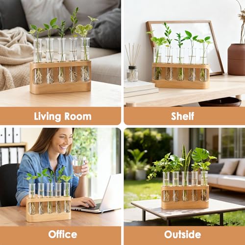 Tigvio Plant Propagation Station with 9-Level Dimmable LED Light | 5 Glass Test Tube Vases, Wooden Stand for Hydroponic Plants, Gardening Gift for Women & Plant Lovers & Home Decor
