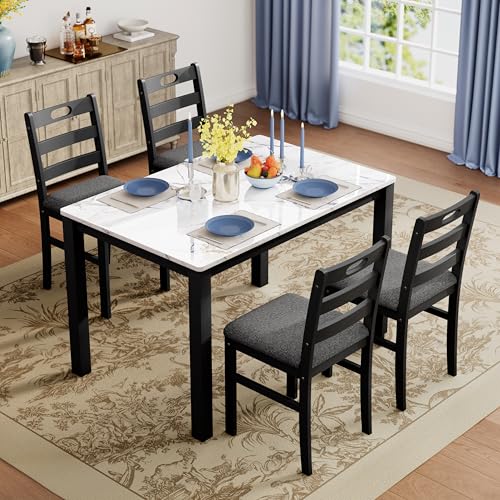 PHI VILLA Dining Table Set for 4, Marble Design Kitchen Table and Chairs - color: Venatino White Marble&black