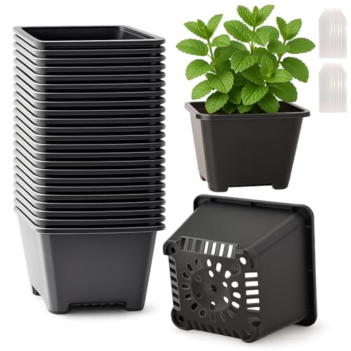 25 Packs Square Nursery Pots for Plants 4 Inch Seedling Pots with Holes | Lightweight plastic construction; assorted sizes for propagation and transplanting; stackable profile for compact storage - size: 4 Inch