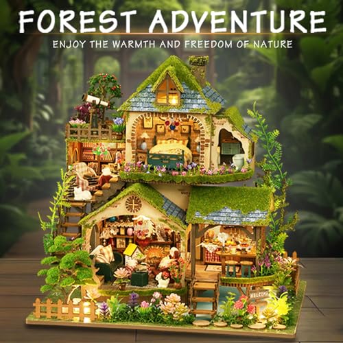 YSWOOD WORLD DIY Miniature House Kit for Adults, Mini House Kit with LED | DIY Miniature Kit, Dollhouse Kit, Model Kits, Home Decor, Wooden Crafts Gifts for Christmas Birthday, Forest Adventure