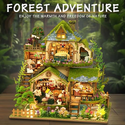 YSWOOD WORLD DIY Miniature House Kit for Adults, Mini House Kit with LED | DIY Miniature Kit, Dollhouse Kit, Model Kits, Home Decor, Wooden Crafts Gifts for Christmas Birthday, Forest Adventure