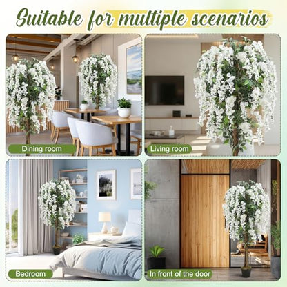 5ft Artificial Wisteria Tree, Tall Faux Flowering Plant, White, 1 Pack - color: White