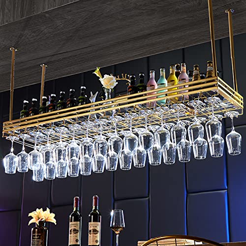 Ceiling Wine Rack&Hanging, Adjustable Hanging Wine Rack with Acrylic Board for Bar Cafe Kitche, 39.4''x13.8'' Iron Hanging Wine Glass Racks, Wine Bottle, Goblet Stemware Rack, Mug Rack-Gold - color: Gold, size: 39.4''x13.8''