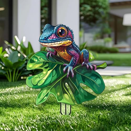 Lizard Garden Stakes Decor Yard Acrylic - 2D Spring Garden Acrylic Sign Decoration, Fantasy Yard Art, Gift for Nature Lovers, for Indoor & Outdoor Flower Pots, Yard, Mini Gardens & Lawn (5.9”x5.9”)