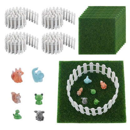 OLYCRAFT 35 Inch Mini Fairy Garden Fence Set with 4Pcs White Picket 8Pcs Fake Grass 6x6 Inch and 12Pcs Mini Animal Decorative Picket Fence Miniature Garden Ornament for DIY Minihouse Landscape