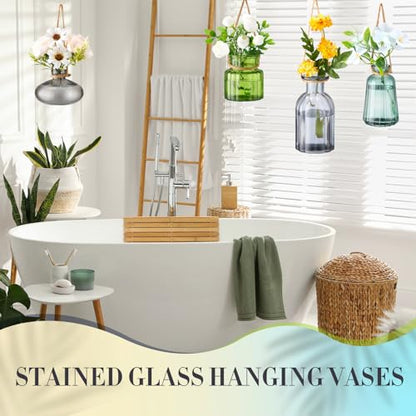 Wonderjune 4 Pcs Stained Glass Hanging Vases Hanging Glass Planters Small Plant Terrarium Pot Containers with Rope for Garden Home Indoor Outdoor Decor, 4 Styles (Artsy) - style: Artsy