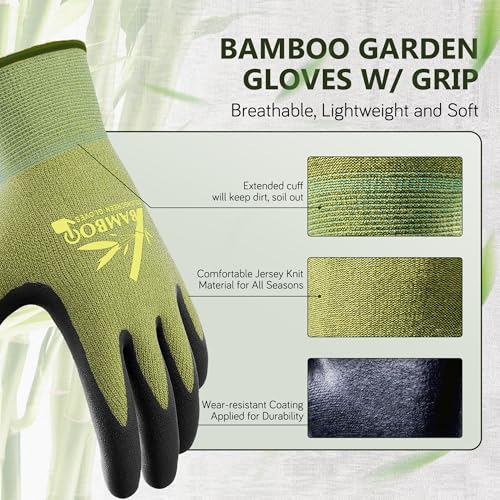 COOLJOB 2 Pairs Gardening Gloves for Women and Men, Bamboo Working Gloves Touchscreen, Grippy Nitrile Rubber Coated Work Gloves, Green/Black, Small Size (2 pairs S) | Breathable Bamboo Gloves for Men and Women, Strong Nitrile Grip, Full Palm Touchscreen,