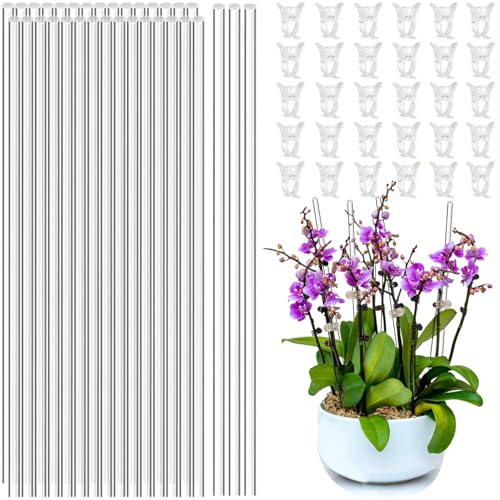 30pcs 17.8in Acrylic Plant Stakes Reusable Plant Stick 30pcs Clear Plant Support Stakes with 30 Clips Garden Single Stem Orchid Stakes Potted Plant Support Sticks for Indoor and Outdoor Plants Flowers