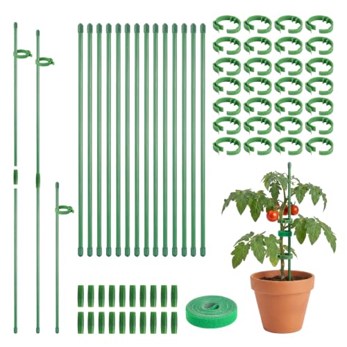 30 Pcs Plant Support Stakes Height Adjustable (17.7, Inches) | Garden Single Stem Plant Stake with 60 Pcs Plant Clips and 20 Pcs Connect Pipe for Orchid Rose Peony Peppers Amaryllis Tomato