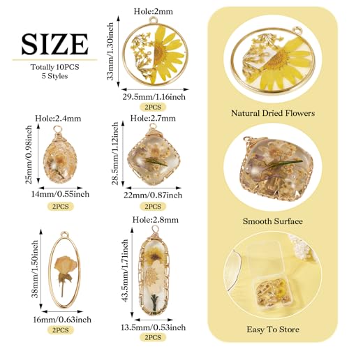 Natural Dried Pressed Flower Charms Geometric Shape Dried Flower Resin Charms Epoxy Resin Floral Pendants for DIY Crafts Necklace Earring Keychain Jewelry Making - color: Yellow