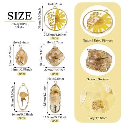 Natural Dried Pressed Flower Charms Geometric Shape Dried Flower Resin Charms Epoxy Resin Floral Pendants for DIY Crafts Necklace Earring Keychain Jewelry Making - color: Yellow