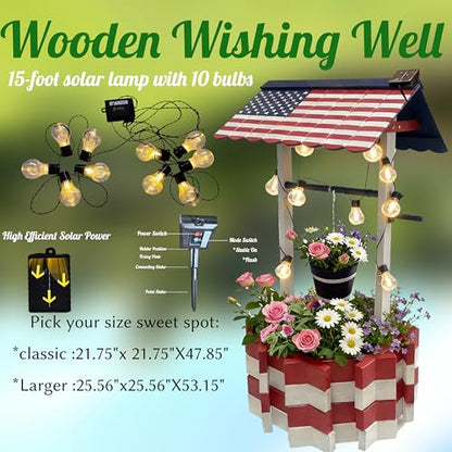 NestNature Large Americana Wooden Wishing Well Planter with Solar Lights - color: Patriotic Color&light, size: 21.75"x21.75"x47.85"