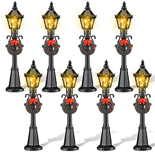 Mudder 8 Pcs 4 Pcs Christmas Miniature Village Lamp Post Light, Simple | Vintage Lantern for Dollhouse Pathway, Train Layout, Lighted Black Design with Wreath, Fairy Garden Tabletop Accessory - color: Simple Style