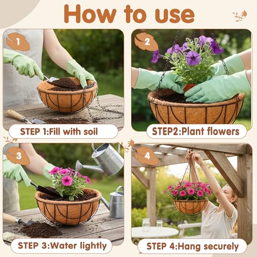 14 inch Metal Hanging Baskets For Plants Outdoor 4 Pack Round Metal Wire Hanging Basket Planter with Coco Fiber Liners Plant Holder for Garden, Patio, Deck, Porch Plants Flower Potss Outdoor(Grid) - size: 14 Inch, style: Grid