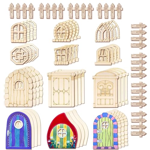 Halandar 56Pcs Wooden Fairy Door Window Unpainted Miniature Fence Craft Kit