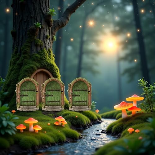 JJLFresheners 3Pcs Green Fairy Door Wooden Miniature Fairy Garden Doors Outdoor Mini Gnome House Accessories for Tree Trunk Ornaments Miniatures, Garden Sculptures and Statues, Fairy Door