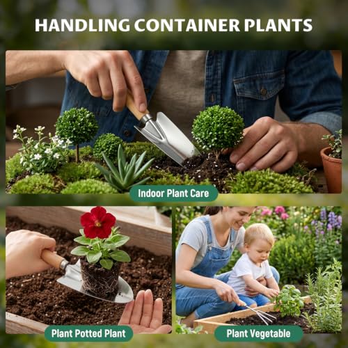 Gardening Tool Set, Heavy Duty Stainless Steel Hand Tools with Wooden Handles, Storage Tote Bag, Ergonomic Design, Ideal Gardening Gifts for Women, Men, Mom and Dad