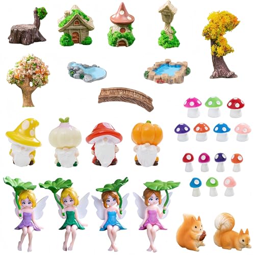Mini Fairy Garden Kit,33 Pcs Miniature Micro Landscape Accessories Set | Mini Fairy Accessories Kit with Resin Fairy Figurines,Gnome Statues,Mushroom House,Trees,Pond,Bridge,Animals for Garden Decor - color: Lotus Leaf Fairy 33pcs