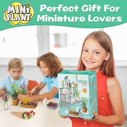 70 PCS Make It Miniature Nature Garden Plants Set - DIY Botanical Collectibles Craft Kit W/ Wood Display Stand - Tiny Paper Flower Bouquet, Succulents & Bonsai Decor - Creative Gift for Kids & Adults