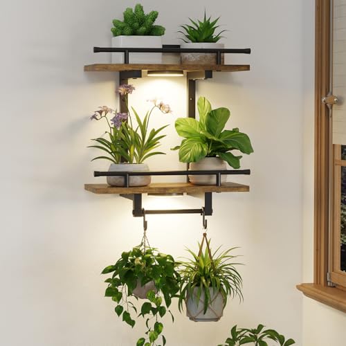 LASZOLA Floating Plant Shelves Holder Wall Indoor with Light, 1 Pack Brown | 2 Tier Window Hangers Stand with Hooks, Metal and Wood, Flower Hanging Display Rack for Bedroom Living Room Kitchen Decor - color: Standard Brown with Light, size: 1
