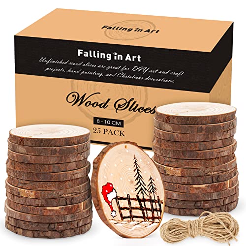 Falling in Art 3.1-4 Inches Natural Wood Slices Set for Crafts - 25Pcs Round Wood Discs with Pre-drilled Hole for DIY Projects, Christmas Ornaments and Wedding Decoration - size: 8-10 cm