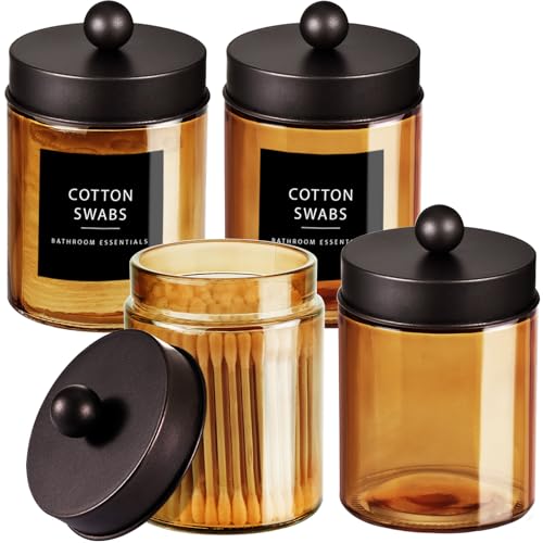 Amolliar Bronze Amber Glass Apothecary Jar, Qtip Holder Jar, Bronze 4 Pack | Bathroom Canister With Metal Lid, Q tip Dispenser Holder for Cotton Balls, Cotton Swabs, Floss Picks, Vanity Makeup Organizer - color: Bronze, size: 4 Pack