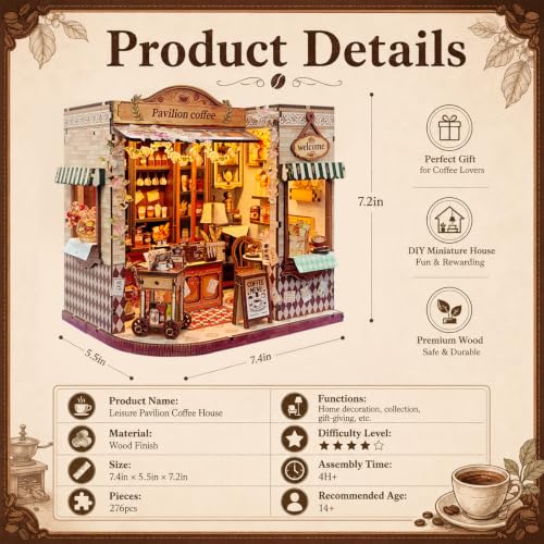 Book Nook DIY Miniature House Kit, 3D Wooden Puzzle Coffee House Dollhouse with Light & Tools, Creative Bookshelf Insert Craft Gifts for Adults Teens (Pavilion Coffee House) - color: Pavilion Coffee House