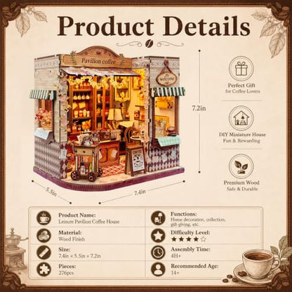 Book Nook DIY Miniature House Kit, 3D Wooden Puzzle Coffee House Dollhouse with Light & Tools, Creative Bookshelf Insert Craft Gifts for Adults Teens (Pavilion Coffee House) - color: Pavilion Coffee House