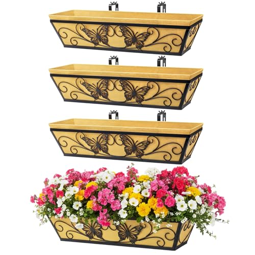 4 Pack 24 Inch Window Boxes Planter for Outdoor Plants Deck Railing Planters Box with Adjustable Brackets for Porch Fence Balcony Hanging Flower Baskets with Liner for Garden Décor - Black - color: Black, size: 24 Inch - 4 Pack