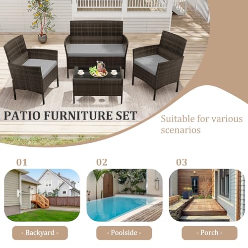 KOTEK 4 Piece Patio Furniture Set, Outdoor Rattan Conversation Set with Loveseat, Wicker Chairs, Tempered Glass Coffee Table, Wicker Patio Set for Backyard, Porch (Grey) - color: Grey