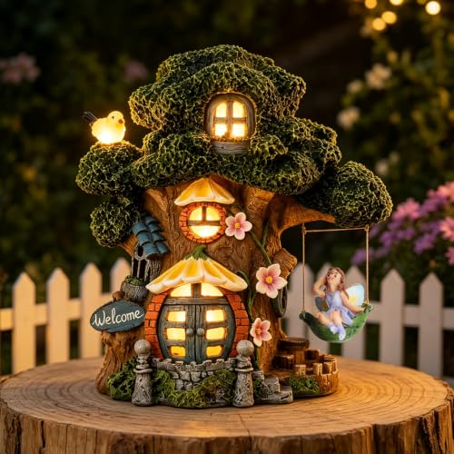 Fairy Garden House, Solar Fairy Houses for Outside, Tree Stump Cottage | Fairy Garden Accessories Outdoor with Warm Lights, Waterproof Resin fairies Figurines for Yard Patio Decor, Fairy Lovers Gift - color: Fairy Tree House
