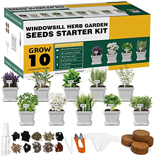 Meekear 10 Herb Seeds Garden Starter Grow Kit with White Pots, Markers, Nutritional Soil, Watering, Herb Clipper, Complete Indoor Potted Plant Growing Set for Kitchen DIY - color: White