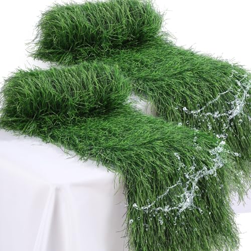 Tudomro 2 Pcs Artificial Grass Table Runner 12 x 36 Inch Faux Grass Placemats Green Moss Synthetic Turf Table Runner for Wedding Baby Shower Golf Football Garden Birthday Party Tabletop Decor(Fluffy) - style: Fluffy