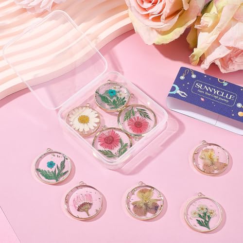 SUNNYCLUE 1 Box 12Pcs Dried Flower Resin Charms Pressed Flower Charm Round Shape Gold Edge Resin Floral Pendants for Jewelry Making Necklace Earring Keychain Bookmark Jewelry Making DIY Crafts