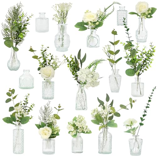 WARMALL Artificial Flowers with Vases, 16 Pcs Bud Vases, & 81 Pcs Artificial Plants DIY Set Suitable for Centerpieces Table Weddings Party Office and Indoor Decor Mini Small Glass Clear(White) - color: White