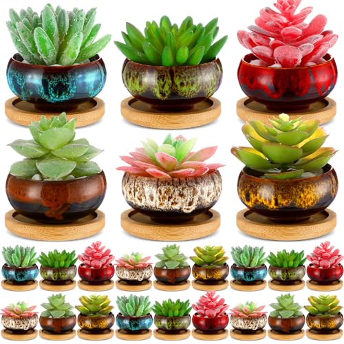 24 Pcs Ceramic Succulent Planters with Drainage Bamboo Saucers | Colorful Glazed Pots for Indoor Plants, Small Planters Set with Cacti Herbs, Decorative Containers Home Office Desk