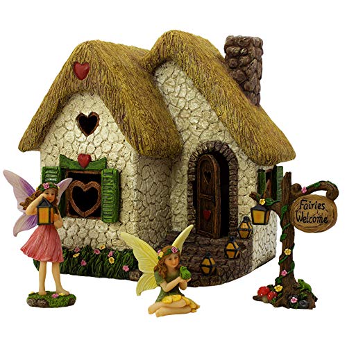 Enchanted Fairy House Kit for Outside - Fairies & Sign | Hand-painted resin; four-piece set; door opens; water resistant; stands 7 inches high; outdoor and indoor miniature decor