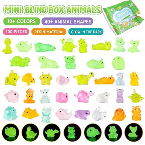 HKLMRO 100PCS Glow in The Dark Mini Resin Animals Mystery Blind Bag, Tiny Figurines for Fairy Garden, Dollhouse Decor, DIY Crafts, Kids Party Favors and Classroom Rewards
