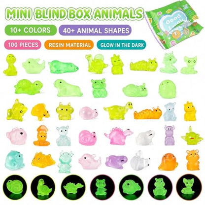 HKLMRO 100PCS Glow in The Dark Mini Resin Animals Mystery Blind Bag, Tiny Figurines for Fairy Garden, Dollhouse Decor, DIY Crafts, Kids Party Favors and Classroom Rewards