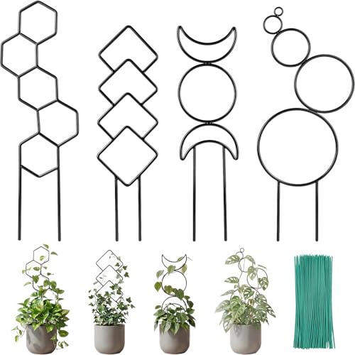 4 Pack Indoor Plant Trellis for Potted Plants - Black Metal Small Trellis for Climbing Houseplants, Unique Geometric Moon Phase Honeycomb Shape Vine Support for Pothos, Monstera, Ivy