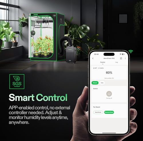 VIVOSUN AeroDrain D12 Smart Dehumidifier Up to 12L/day for Grow Tents | Temperature & Humidity Monitoring, Smart App Control, Sensor Probe, Grow System Compatible, Auto Restart