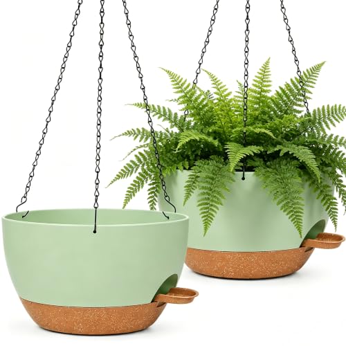 12" Self Watering Hanging Planters with Chains, Green Brown，2 Pack | Plastic hanging baskets with 43 Oz removable reservoir, for indoor outdoor plants, patio porch garden balcony decor - color: Green Brown, size: 2 pack 12 inches