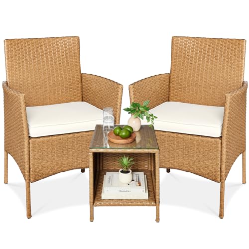 Best Choice Products 3-Piece Outdoor Wicker Conversation Bistro Set, Space Saving Patio Furniture for Garden w/Side Table - Natural/Ivory - color: Natural/Ivory