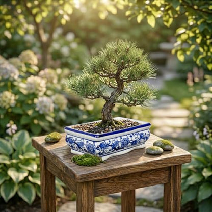 Set of 2 Blue and White Ceramic Bonsai Pots with Drainage Hole, 7.5" & 5" | Rectangular Bonsai Tree Pots Bonsai Planters for Indoor/Outdoor, Succulents, Cactis, Home, Patio, Garden, Chinoiserie Decor - size: 7.4"x4.3"x2.3"&4.9"x2.9"x1.5"