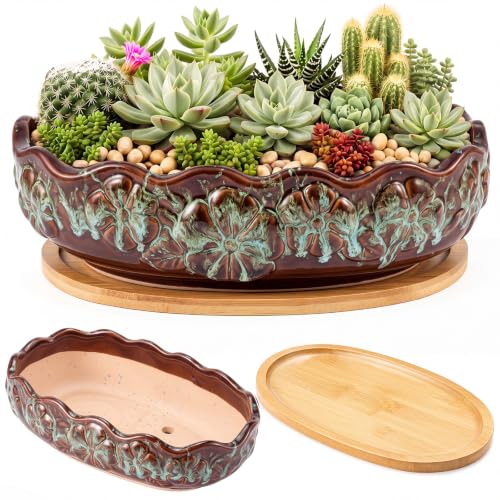 Succulent Planter Pot with Drainage Holes Large Ceramic Glazed Planter with Bamboo Wooden Tray and mesh Pads Shallow Bonsai Pot for Indoor Cactus Flower Plant(Wave-Shaped,Brown Turquoise) - color: Blue and Brown, style: Round