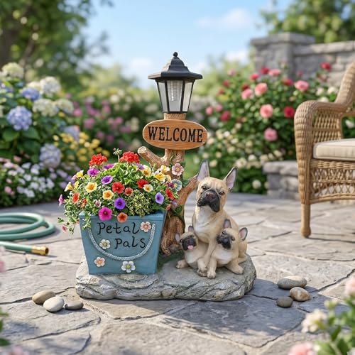 French Bulldog Solar Garden Statue - Petal Pals Outdoor Dog Planter with LED Street Lamp and Welcome Sign, Cute Frenchie Puppy Decor for Garden Patio Deck, 10.2lbs Resin Ornament - color: French Bulldog Right