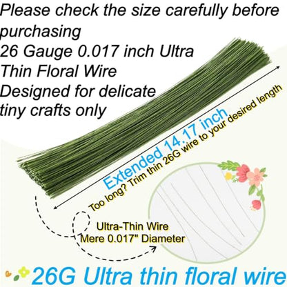 300PCS 26 Gauge 0.017 Inch Ultra Thin Floral Wire, Lightweight Flower Wire | 14.17 Inches Long Floral Wire Stems, Flexible Green Floral Wire Flower Stems for Mini DIY Artificial Flowers, Small Crafts - size: 26 Gauge