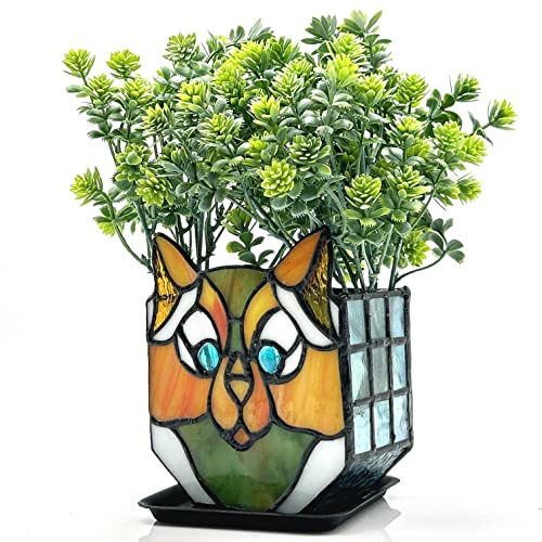 Cat Flower Pots for Indoor Plants,Stained Glass Plant Displays,Cat Succulent Planter,Candle Holder Container Decoration,4.6x5.15x2.3 in (Without Succulents) - color: Green